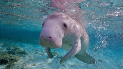 Fototapeta premium Majestic manatee glides gracefully underwater in crystal clear sea, showcasing its gentle nature and unique features amidst vibrant aquatic environment