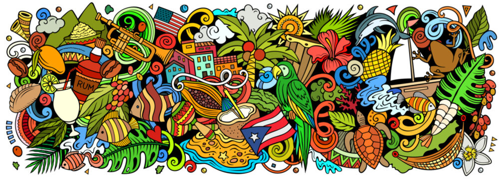 Puerto Rico cartoon doodle vector color banner. Funny Puerto-Rican whimsical illustration. Caribbean tropical elements in a vibrant, playful style