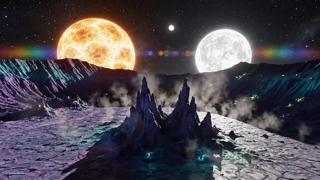 Epic alien planet landscape with fiery sun and giant moon during cosmic exploration and discovery adventure