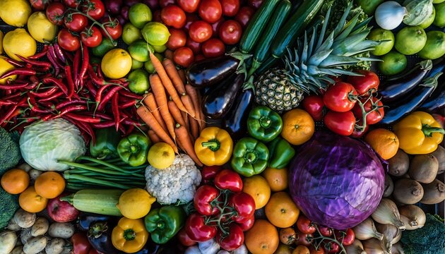 Overhead shot of various fresh vegetables and fruits arrangement