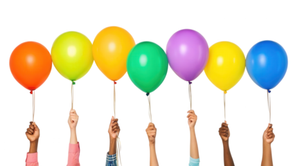 Seven colorful balloons held by diverse hands in celebratory row isolated on white background