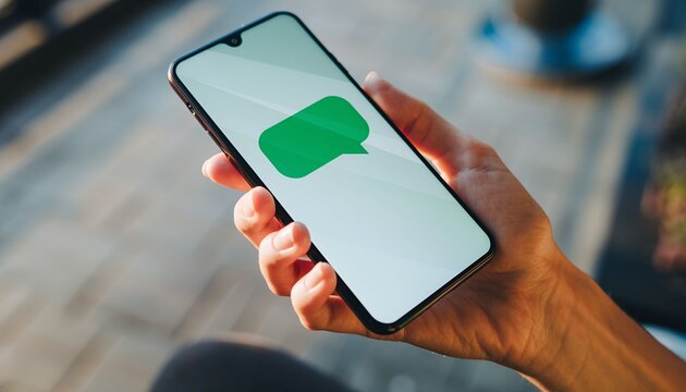 Person holding a smartphone with a green speech bubble on its screen. - Powered by Adobe