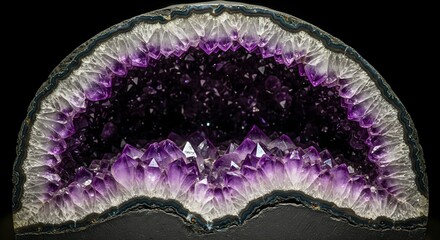 A magnificent cross-section of a deep purple amethyst geode with sparkling crystal formations isolated on a black background