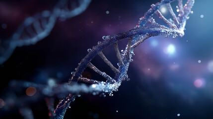 Crystalline DNA double helix structure floating in space faceless molecular visualization heavily defocused cosmic nebula background with star clusters representing universal