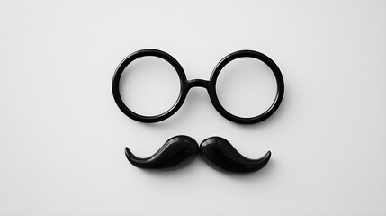 Black glasses and mustache props arranged creatively on a clean white background for playful design