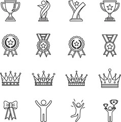 Collection of Award and Victory Icons Representing Trophies Medals Crowns Ribbons and Celebrations of Achievement and Success
