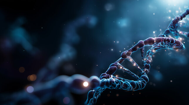 Crystalline DNA double helix structure floating in space faceless molecular visualization heavily defocused cosmic nebula background with star clusters representing universal