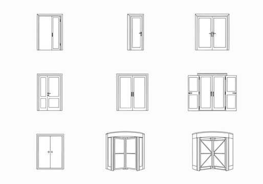 Collection of architectural door designs including modern double doors, single entryways, and rotating entrances