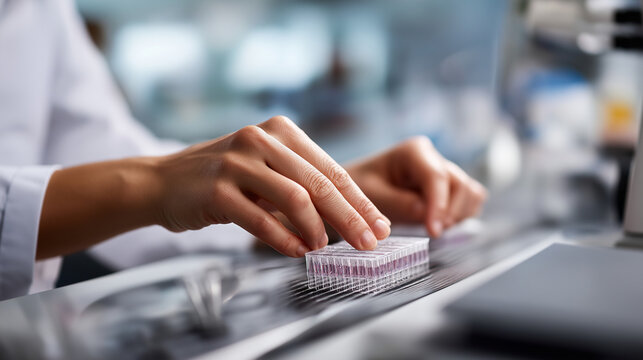 Overhead view of faceless researcher's hands arranging DNA sequencing gels defocused electrophoresis equipment background with running buffer molecular weight ladder visible gen