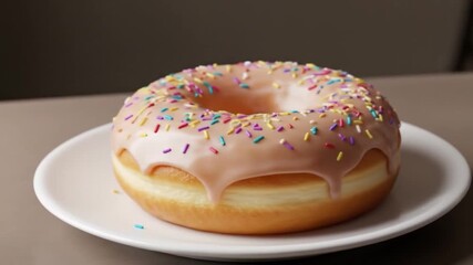 A sweet treat A pink iced donut with colorful sprinkles on a white plate - Powered by Adobe