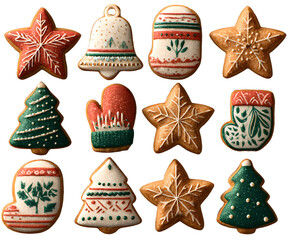 Holiday cookies set with gingerbread stars, bells, mittens and trees, cookies decorated in festive style, cookies perfect for seasonal clipart and packaging.