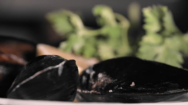 Close-up of Stuffed Mussels on a Plate. Rice Outside the Shell