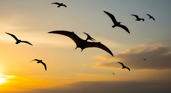 Silhouettes of majestic ancient flying creatures and birds soar gracefully through a vibrant, fiery sunset sky, capturing a breathtaking scene of timeless natural wonder and boundless freedom