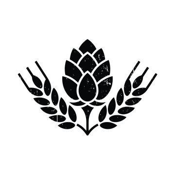 Rustic black silhouette of hops cone and wheat ears emblem for brewing
