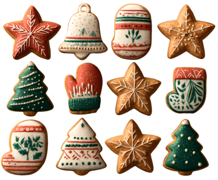 Holiday cookies set with gingerbread stars, bells, mittens and trees, cookies decorated in festive style, cookies perfect for seasonal clipart and packaging.