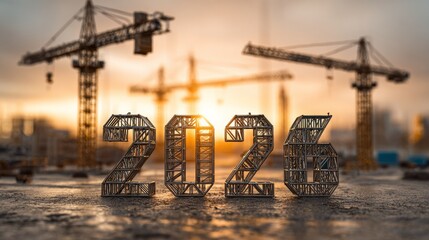 Construction site showcases future development with 2026 displayed in steel framing against a sunset backdrop