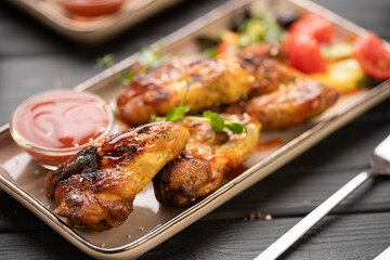 Crispy chicken wings with ketchup sauce on plate in the kitchen