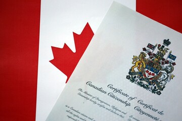 Canadian certificate of citizenship on Canadian flag close up
