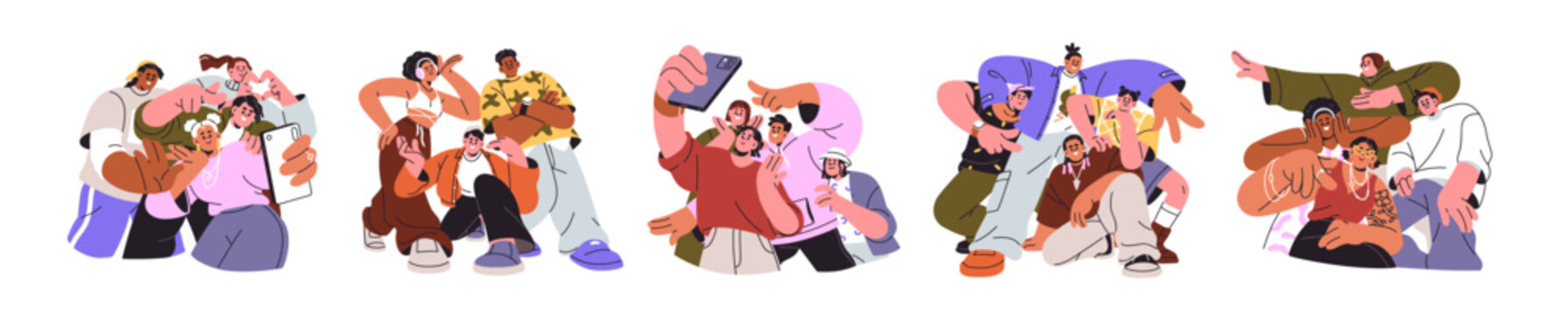 Friends group posing together for selfie on mobile phone, photo portrait. Young people smiling, laughing and gesturing with happy emotions, set. Flat vector illustration isolated on white background.