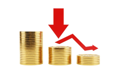 Declining stacks of golden coins with a prominent red downward arrow, illustrating financial loss and market drop.