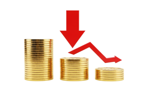Declining stacks of golden coins with a prominent red downward arrow, illustrating financial loss and market drop.