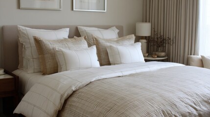 Cozy and Elegant Bedroom with Soft Neutral Tones and Stylish Bedding for a Peaceful Atmosphere and Modern Lifestyle Decor