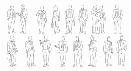 Collection of business people in suits standing and talking, men and women in professional attire, diverse group on white background