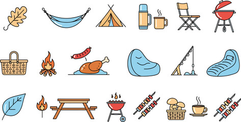 Collection of Camping and Picnic Icons Outdoor Activities and Food Flat Design Elements Set Vector