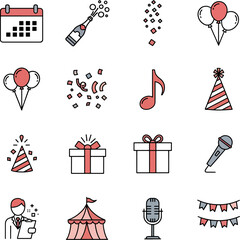 Collection of Celebration Icons Featuring Party Hat, Balloons, Gifts, Calendar, Champagne, Music Note, Microphone, and Circus Tent