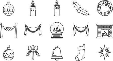 Collection of Christmas Icons Including Ornaments Candles Holly Snow Globe Fireplace Stocking Bell and Starburst Graphics