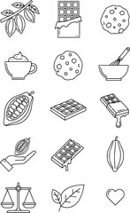 Collection of Chocolate Icons Cacao Beans Bar Drink Cookie Whisk Scale Leaves and Heart Isolated on White Background