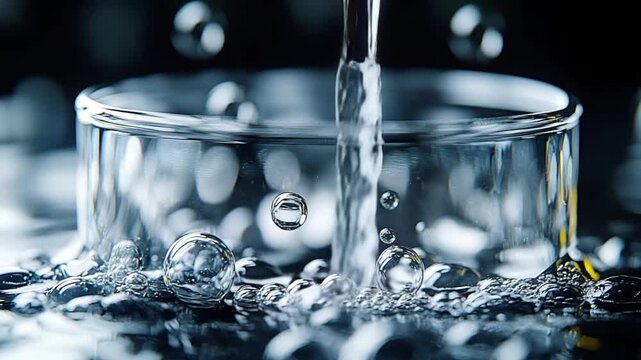 Water pouring into a glass, bubbles forming, reflections