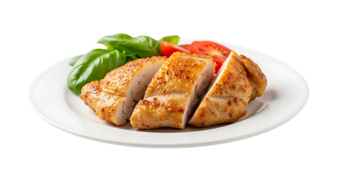 Perfectly grilled and sliced chicken breast served with fresh basil leaves and ripe tomato wedges on a pristine white plate.
