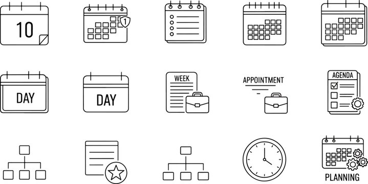 Collection of business planning and organization icons, calendar day week agenda appointment symbols
