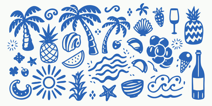 Collection of blue summer vacation icons and tropical elements on white background