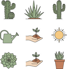 Collection of cute succulent plants, cacti, watering can, sun, and hands holding seedlings, isolated on white background