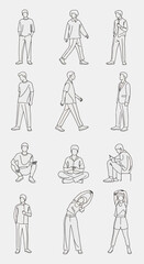 Collection of diverse men in various poses and casual outfits, isolated on a light background, modern flat illustration style