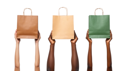 Diverse hands holding different eco-friendly paper shopping bags isolated on white background