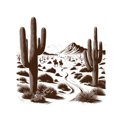 Cowboys Riding Through Desert Cactus Landscape — Black and White Western Line Art