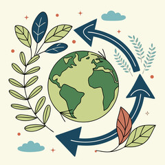 Stylized illustration of planet earth surrounded by a circular arrow motif representing environmental cycles growth and sustainability with botanical elements and celestial accents