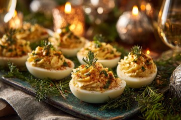 Deviled eggs topped with paprika and dill on teal plate. Concept of festive gathering with stuffed eggs with creamy filling, warm light, wooden table, candles, white wine.