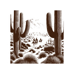 Cowboys Riding Through Desert Cactus Landscape — Black and White Western Line Art
