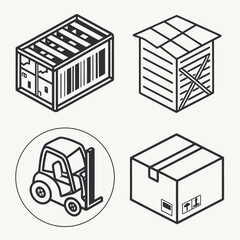 Set of isometric line art icons representing logistics and shipping elements including a shipping container a wooden crate a forklift and a cardboard box