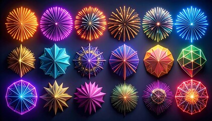 Firefly inspired geometric fireworks bursting in bright neon hues