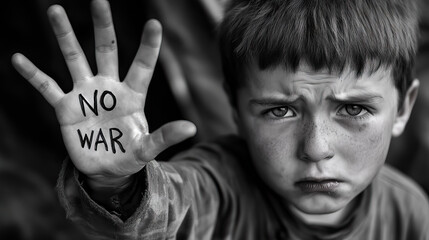 Striking black and white portrait of a boy advocating for global peace for International Day for Preventing the Exploitation of the Environment in War and Armed Conflict