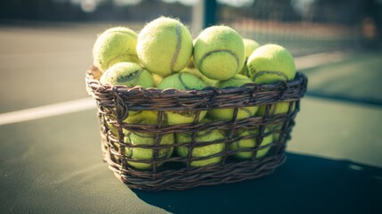 Basket of Bright Yellow Tennis Balls on Court Surface Surrounded by Outdoor Tennis Court Environment at Sunset in Warm Light