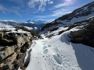 Wonderful winter hiking trails and traces on the fresh alpine snow cover of the Bernese Oberland region, Switzerland - Herrliche Winterwanderwege und Spuren auf der frischen Schneedecke, Schweiz