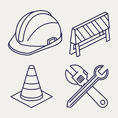 A collection of construction and safety icons including a hard hat traffic cone barricade and crossed wrenches presented in a clean minimalist isometric line art style on a neutral background