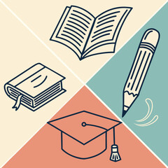 A simple line art illustration featuring a graduation cap an open book a closed book with a bookmark and a pencil drawing on a colorful geometric background