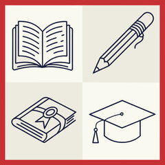 A simple line art illustration featuring four distinct educational icons an open book a pencil a bound book with a ribbon and a graduation cap arranged in a grid